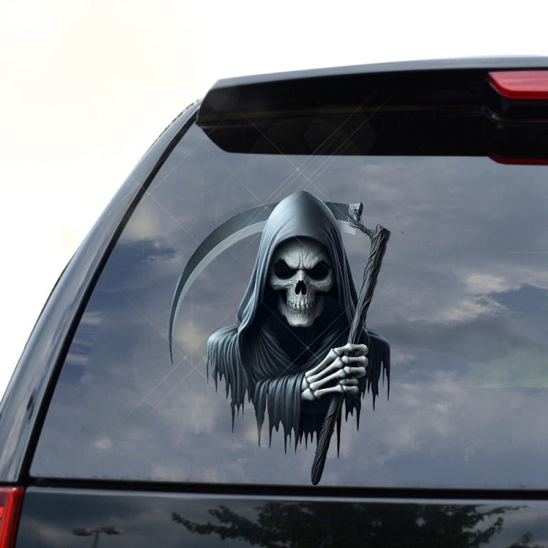 Autocolant 3D înfricoșător cu Secera Morții pentru mașină - impermeabil, cu adeziv de instalare pentru Halloween