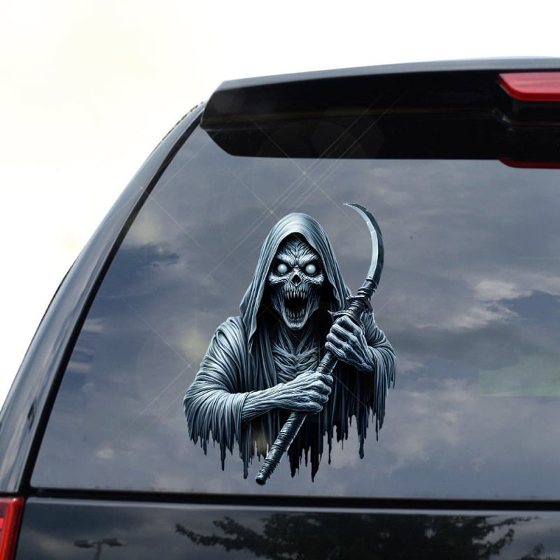 Autocolant 3D înfricoșător cu Secera Morții pentru mașină - impermeabil, cu adeziv de instalare pentru Halloween