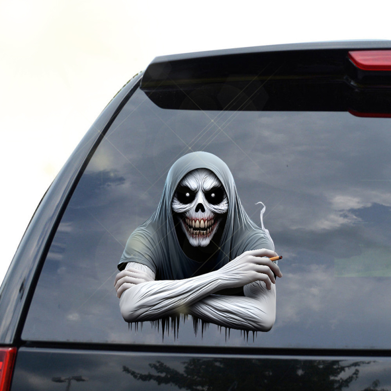 Autocolant 3D înfricoșător cu Secera Morții pentru mașină - impermeabil, cu adeziv de instalare pentru Halloween