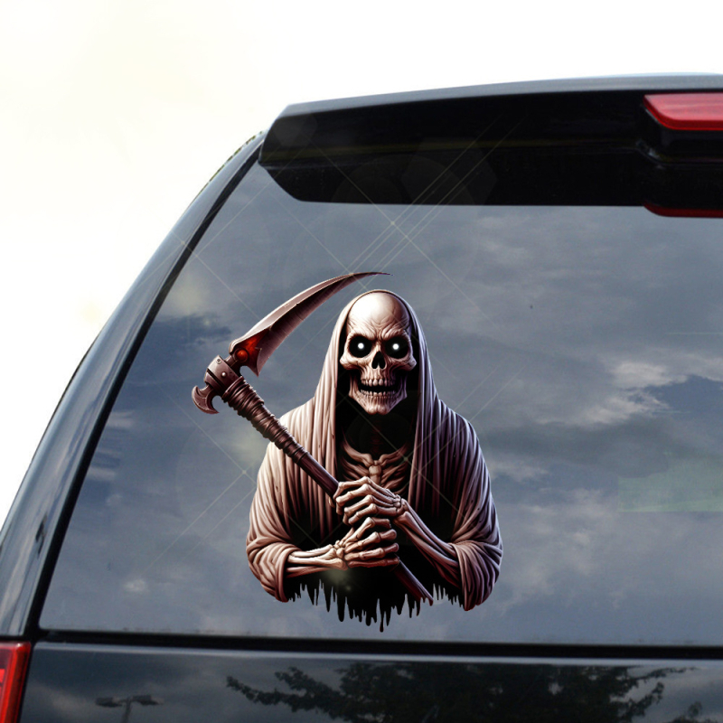 Autocolant 3D înfricoșător cu Secera Morții pentru mașină - impermeabil, cu adeziv de instalare pentru Halloween