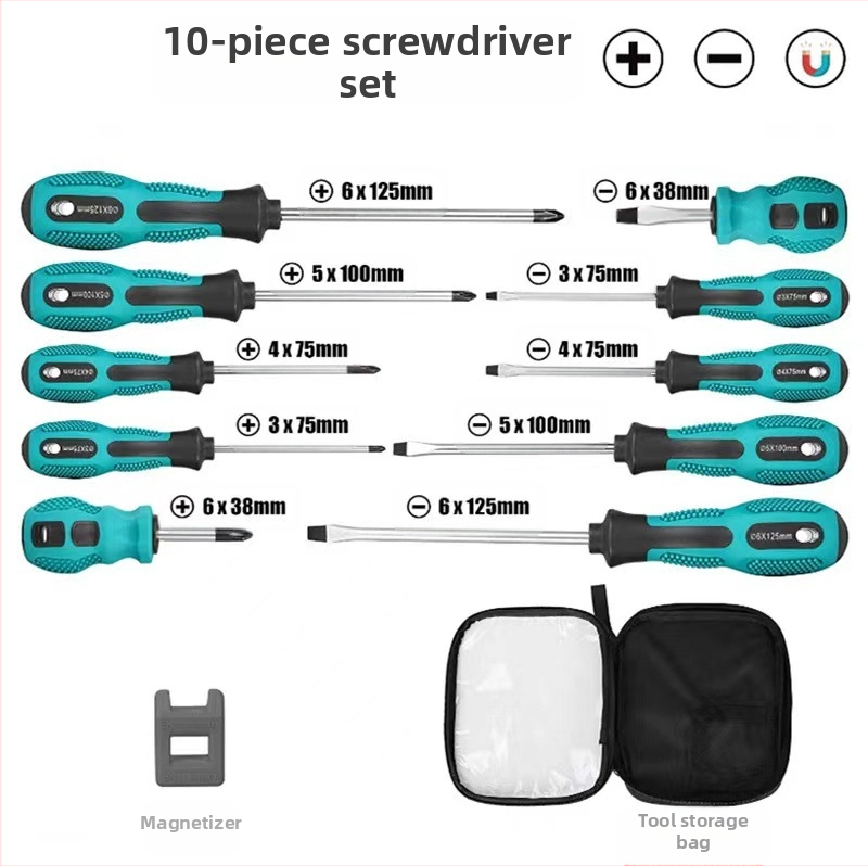Десетчленен магнитен комплект отвертки с Phillips и плоски върхове, от хром-ванадий стомана