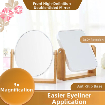 Десктоп двустранно огледало с 3x увеличение, рамка от бамбук, преносим дизайн, персонализирано лого