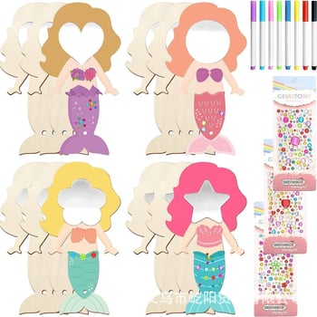DIY set za crtanje za djecu - drveno ogledalo s motivom sirene i jednoroga, 23 komada