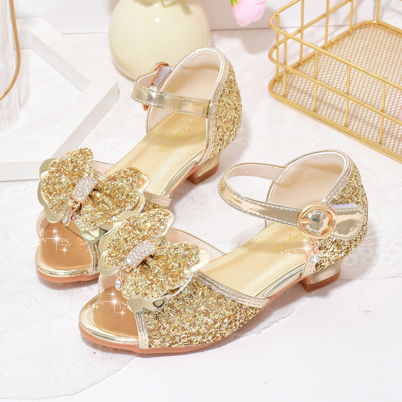 Mergaitėms aukštakulnės sandalai – kristalo akcentai, atvira pirštas, užsegimas Velcro, viršus iš dirbtinės odos, padas PU