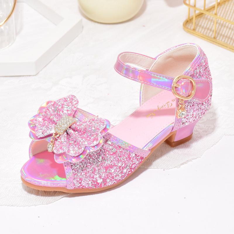 Mergaitėms aukštakulnės sandalai – kristalo akcentai, atvira pirštas, užsegimas Velcro, viršus iš dirbtinės odos, padas PU