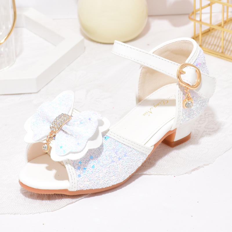 Mergaitėms aukštakulnės sandalai – kristalo akcentai, atvira pirštas, užsegimas Velcro, viršus iš dirbtinės odos, padas PU