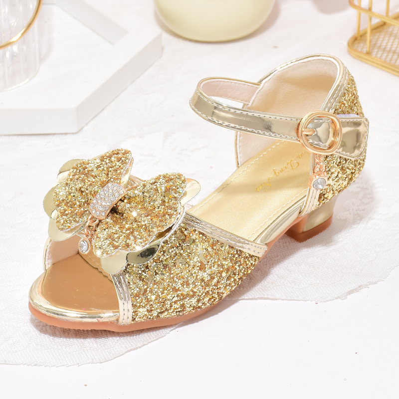 Mergaitėms aukštakulnės sandalai – kristalo akcentai, atvira pirštas, užsegimas Velcro, viršus iš dirbtinės odos, padas PU