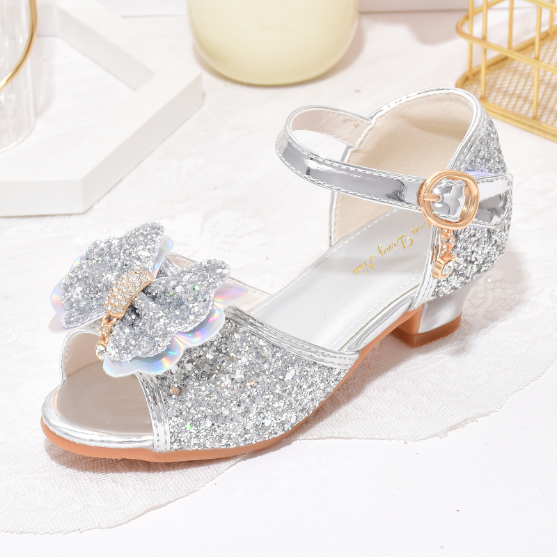 Mergaitėms aukštakulnės sandalai – kristalo akcentai, atvira pirštas, užsegimas Velcro, viršus iš dirbtinės odos, padas PU