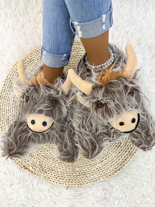 Kokvilnas čības ar Highland Cow motīvu, velūra augšdaļa, vidēja augstums, apaļa purngala, universāls