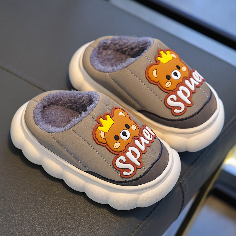 Детски памучни пантофи: PU повърхност, подплата от fleece, Cartoon принт, PVC подметка, противохлъзгащи