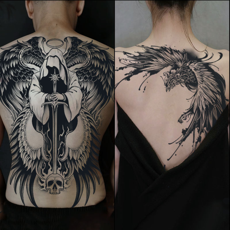 Naljepnica za tetovažu cijelog leđa — vodootporna, dugotrajna, polu-permanentna, dizajn Zmaj i Feniks