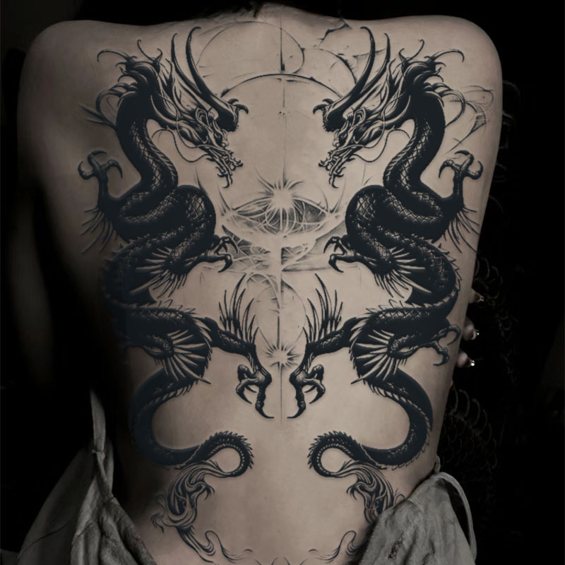 Naljepnica za tetovažu cijelog leđa — vodootporna, dugotrajna, polu-permanentna, dizajn Zmaj i Feniks