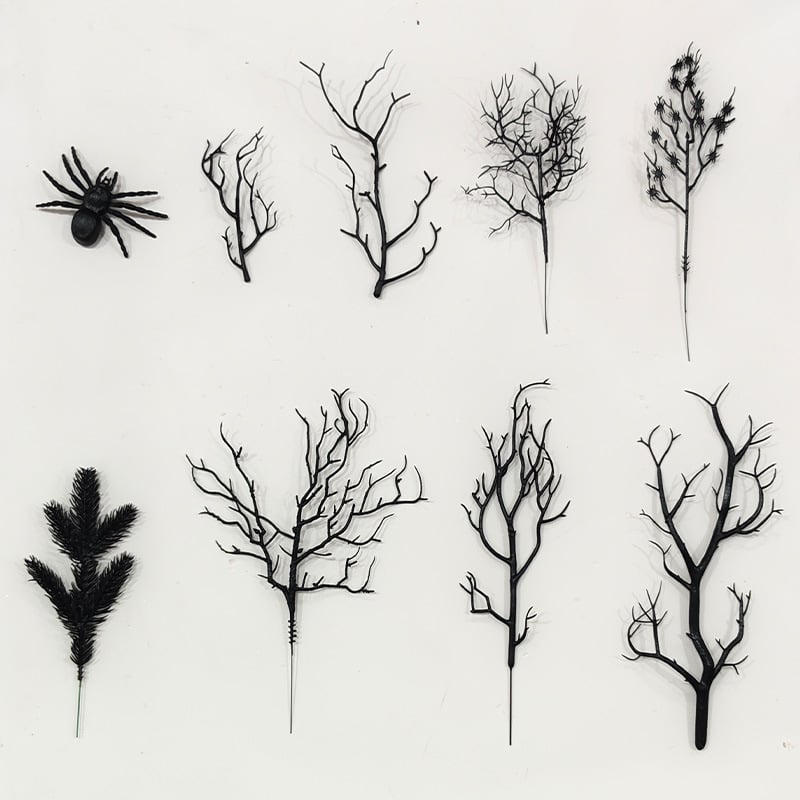 Helovyno serijos dirbtinės šakelės dekoracijoms, iš plastiko, pusiau rankinis ir pusiau mechaninis gamybos procesas, OPP pakuotė