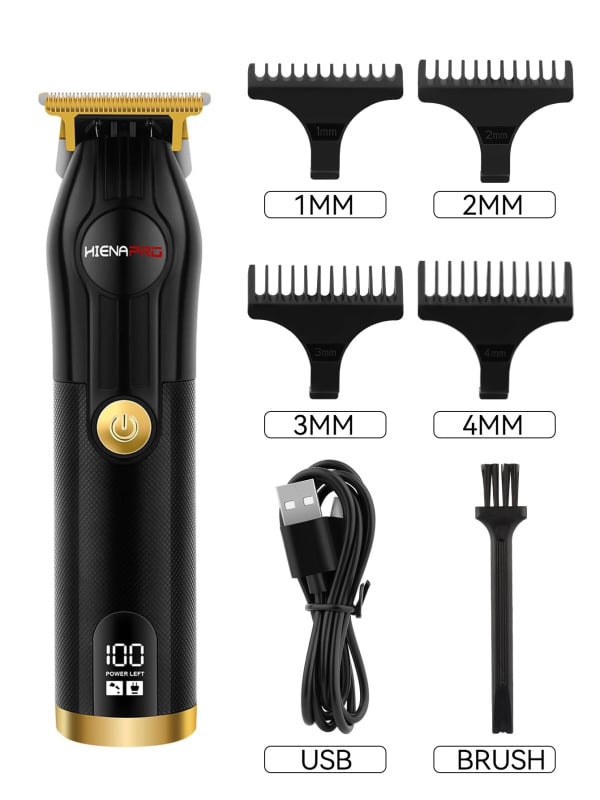 HIENA profesionalus USB įkraunamas plaukų kirpimo įrankis su titano lydinio peiliukais, šepetėlinis variklis, įmontuota baterija, žemas triukšmo lygis 36–45 dB