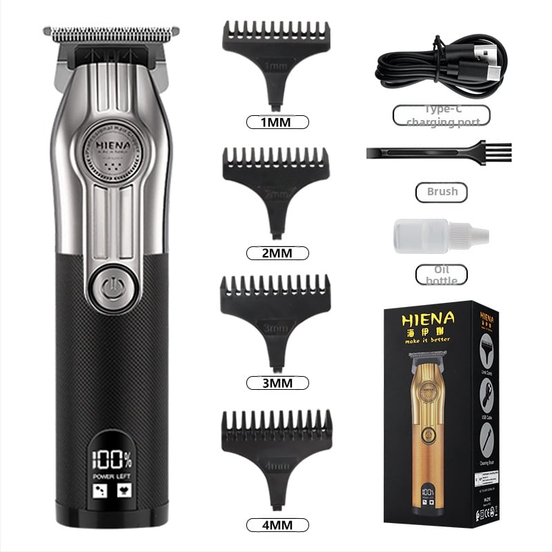 HIENA profesionalus USB įkraunamas plaukų kirpimo įrankis su titano lydinio peiliukais, šepetėlinis variklis, įmontuota baterija, žemas triukšmo lygis 36–45 dB
