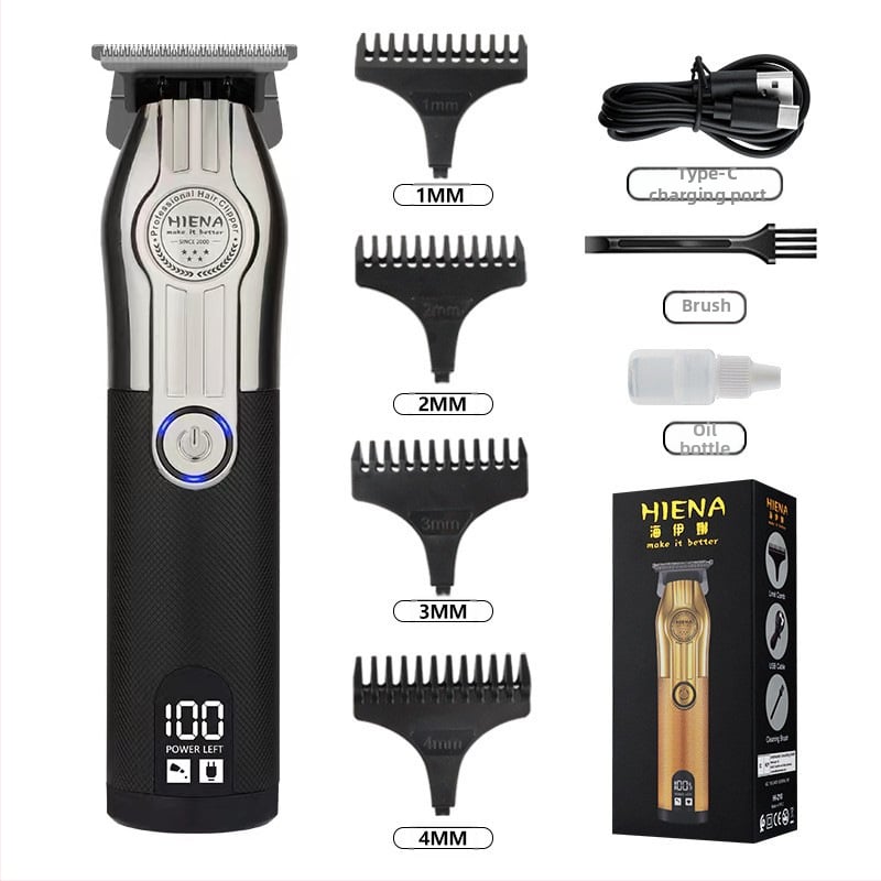HIENA profesionalus USB įkraunamas plaukų kirpimo įrankis su titano lydinio peiliukais, šepetėlinis variklis, įmontuota baterija, žemas triukšmo lygis 36–45 dB