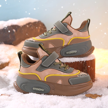 Παιδικά παπούτσια τρεξίματος φθινόπωρο–χειμώνα, δερμάτινο επάνω μέρος, φλίς επένδυση, Velcro κούμπωμα, σόλα EVA, αδιάβροχα