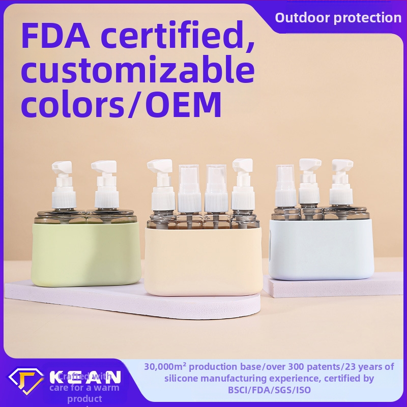 Пътуващ комплект за три в едно бутилиране: пластмасови и силиконови козметични бутилки, модел TA3 подбутилка, външно опаковане