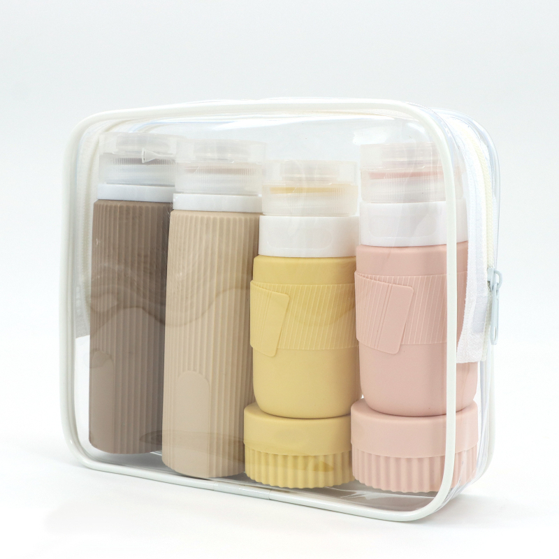 Szilikon utazó adagoló palackok lotion, sampon és tusfürdő számára, 6- vagy 8 darabos készlet, hidraulikus formázás, PVC csomagolás