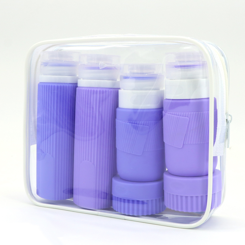 Szilikon utazó adagoló palackok lotion, sampon és tusfürdő számára, 6- vagy 8 darabos készlet, hidraulikus formázás, PVC csomagolás