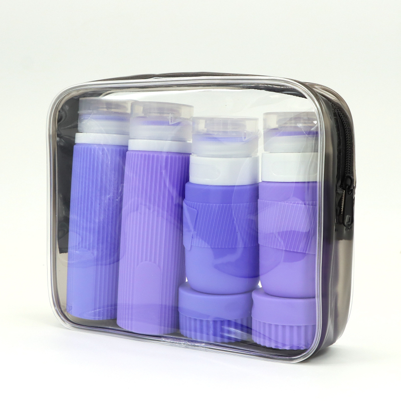 Szilikon utazó adagoló palackok lotion, sampon és tusfürdő számára, 6- vagy 8 darabos készlet, hidraulikus formázás, PVC csomagolás