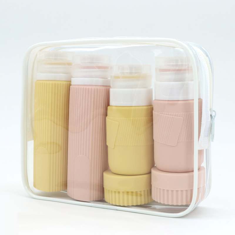 Szilikon utazó adagoló palackok lotion, sampon és tusfürdő számára, 6- vagy 8 darabos készlet, hidraulikus formázás, PVC csomagolás