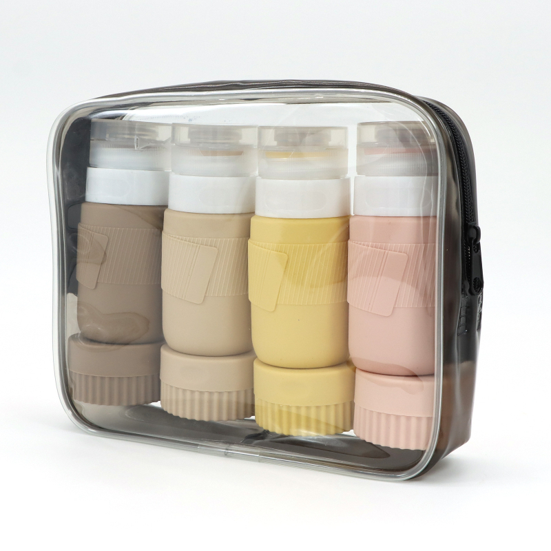 Szilikon utazó adagoló palackok lotion, sampon és tusfürdő számára, 6- vagy 8 darabos készlet, hidraulikus formázás, PVC csomagolás