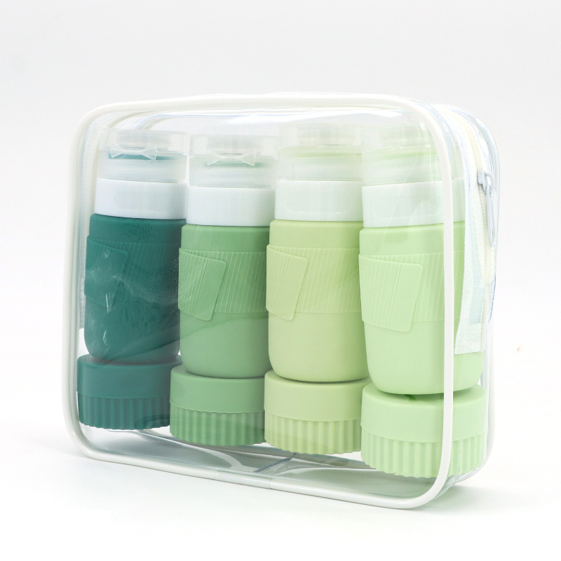 Szilikon utazó adagoló palackok lotion, sampon és tusfürdő számára, 6- vagy 8 darabos készlet, hidraulikus formázás, PVC csomagolás