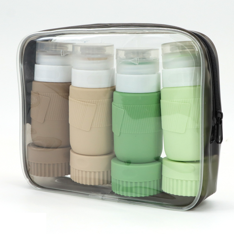 Szilikon utazó adagoló palackok lotion, sampon és tusfürdő számára, 6- vagy 8 darabos készlet, hidraulikus formázás, PVC csomagolás