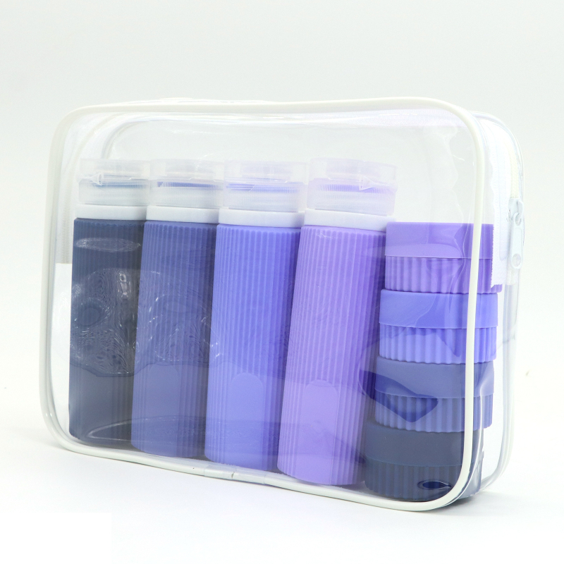 Szilikon utazó adagoló palackok lotion, sampon és tusfürdő számára, 6- vagy 8 darabos készlet, hidraulikus formázás, PVC csomagolás