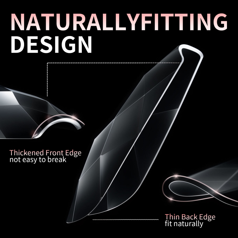 Σετ τεχνητών νυχιών – 3D διαμαντένιο σχήμα αμυγδάλου, μινιμαλιστικός μακρύς διαφανής σχεδιασμός, OEM ιδιωτικής ετικέτας