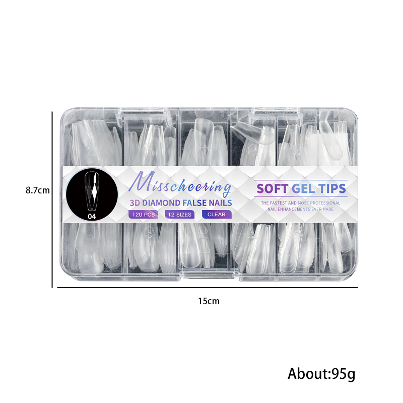 Σετ τεχνητών νυχιών – 3D διαμαντένιο σχήμα αμυγδάλου, μινιμαλιστικός μακρύς διαφανής σχεδιασμός, OEM ιδιωτικής ετικέτας