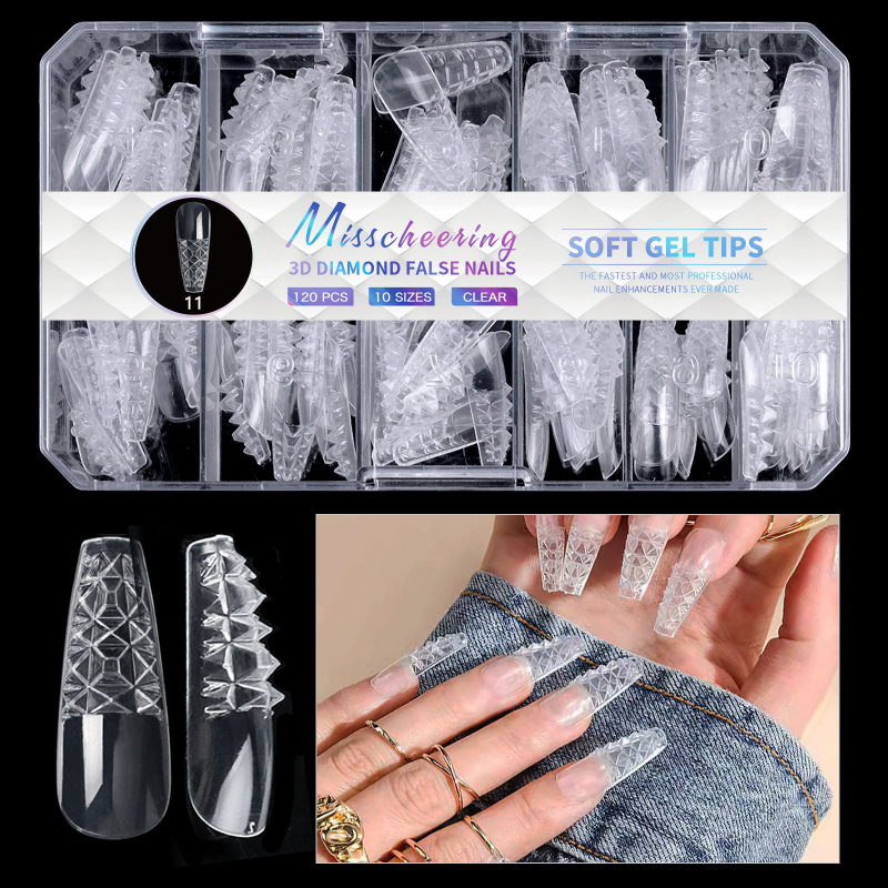 Σετ τεχνητών νυχιών – 3D διαμαντένιο σχήμα αμυγδάλου, μινιμαλιστικός μακρύς διαφανής σχεδιασμός, OEM ιδιωτικής ετικέτας