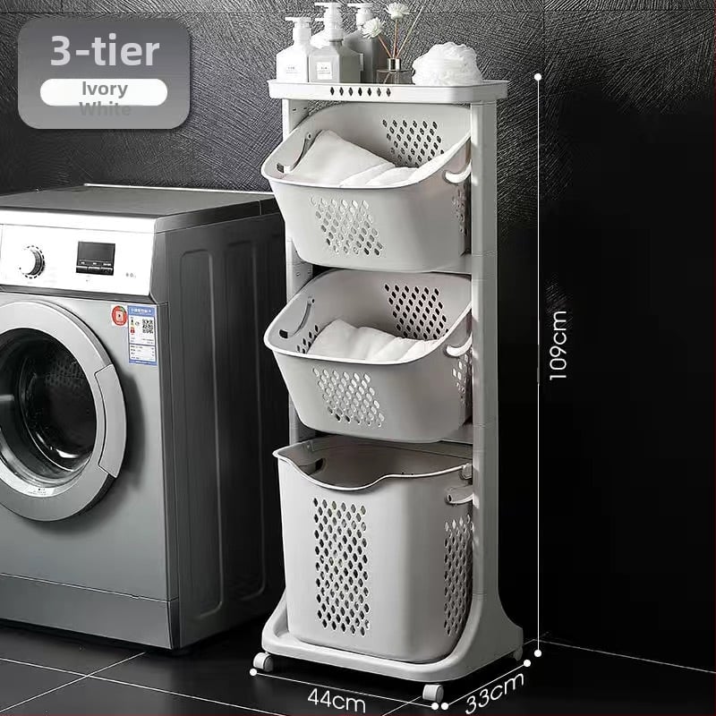 Daugiasluoksnis skalbinių krepšys su ratukais – PP medžiaga, namų ūkio/vonios naudojimui, modernus stilius