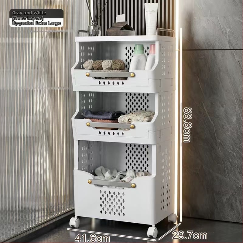 Daugiasluoksnis skalbinių krepšys su ratukais – PP medžiaga, namų ūkio/vonios naudojimui, modernus stilius