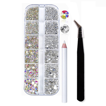 Σετ στρας νυχιών με 12 διαμερίσματα σε κουτί, σειρά DIY, μοτίβο μπλοκ, γλυκό και απλό στυλ, OEM