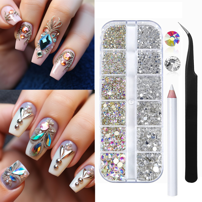 Nagai rhinestones rinkinys su 12 skyrių dėžutėje, DIY serija, blokinis raštas, saldus paprastas stilius, OEM