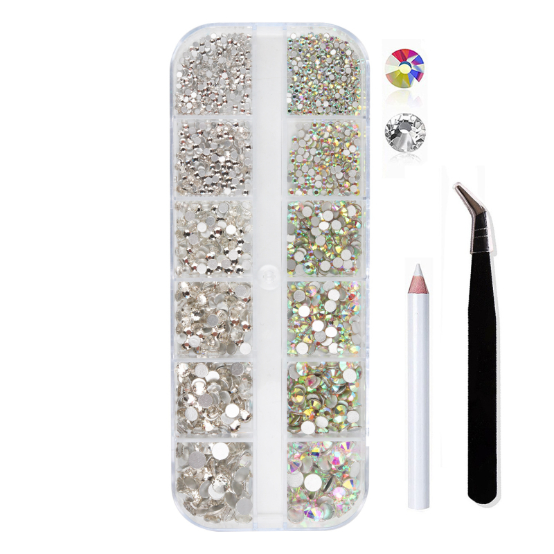 Σετ στρας νυχιών με 12 διαμερίσματα σε κουτί, σειρά DIY, μοτίβο μπλοκ, γλυκό και απλό στυλ, OEM