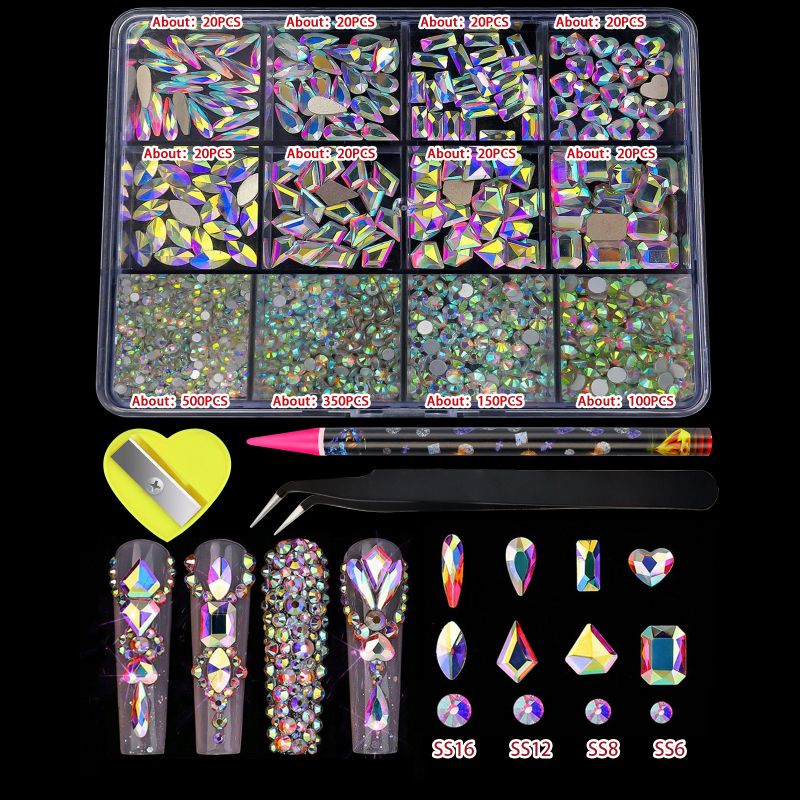 Set de cristale pentru unghii: pietre rotunde din sticlă, amestecate, cu spate plat, model picături de apă