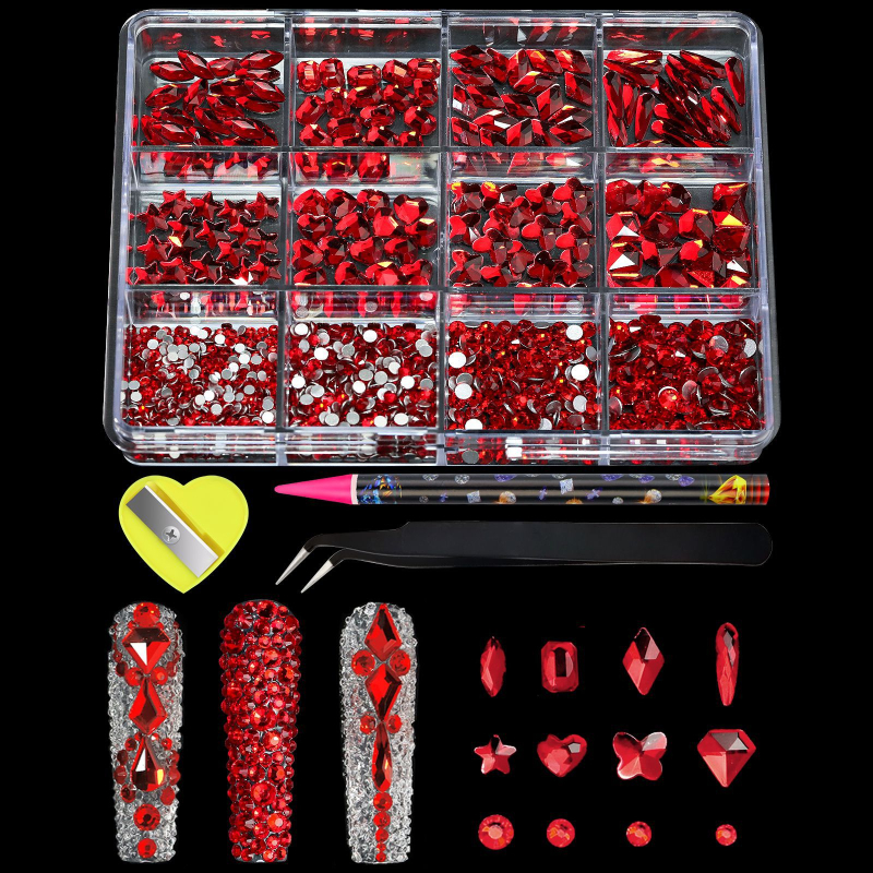 Set de cristale pentru unghii: pietre rotunde din sticlă, amestecate, cu spate plat, model picături de apă