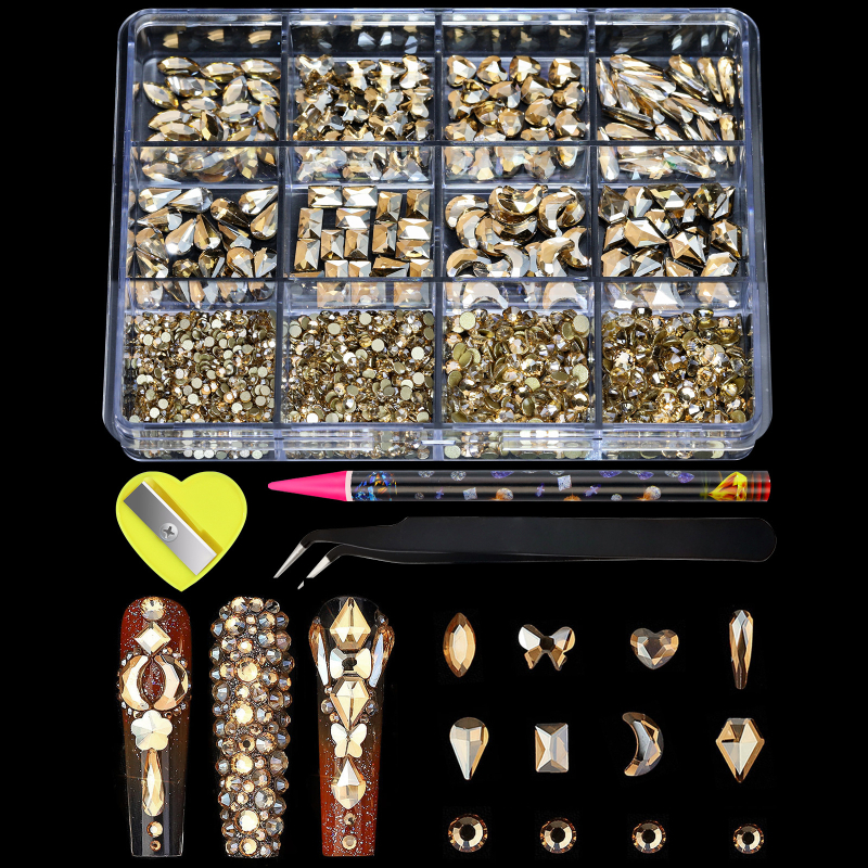 Set de cristale pentru unghii: pietre rotunde din sticlă, amestecate, cu spate plat, model picături de apă