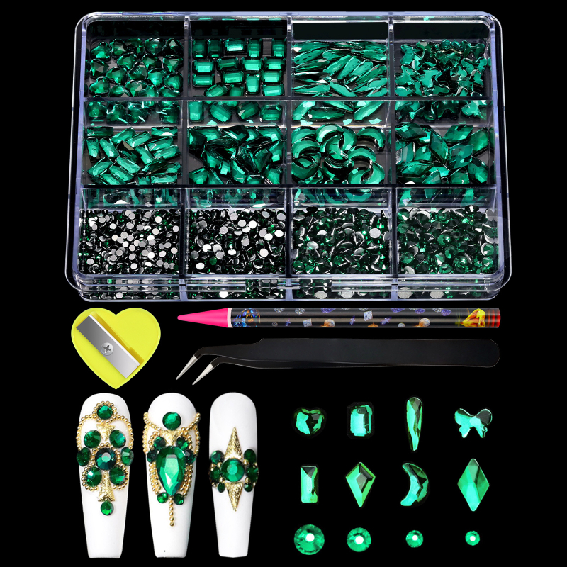 Set de cristale pentru unghii: pietre rotunde din sticlă, amestecate, cu spate plat, model picături de apă