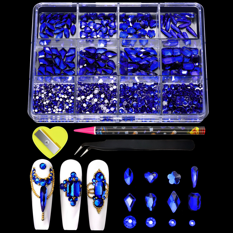 Set de cristale pentru unghii: pietre rotunde din sticlă, amestecate, cu spate plat, model picături de apă