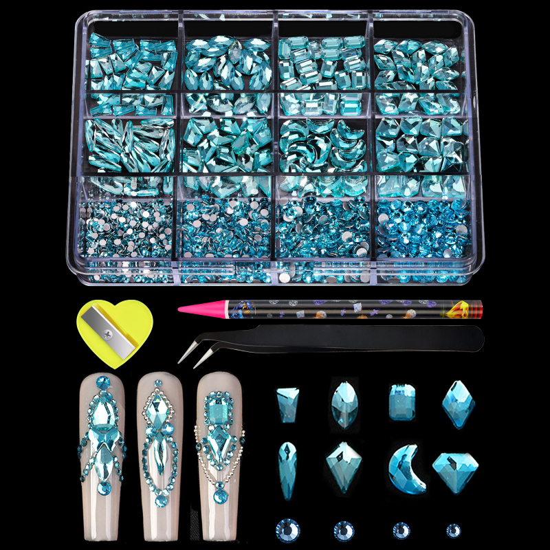 Set de cristale pentru unghii: pietre rotunde din sticlă, amestecate, cu spate plat, model picături de apă