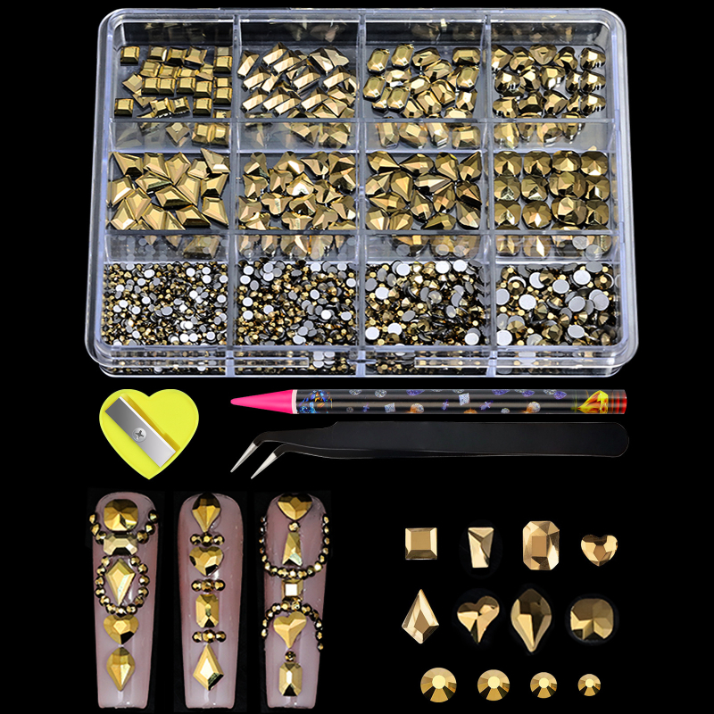 Set de cristale pentru unghii: pietre rotunde din sticlă, amestecate, cu spate plat, model picături de apă