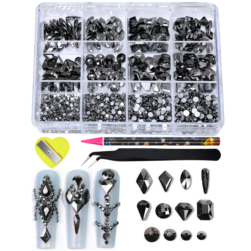 Set de cristale pentru unghii: pietre rotunde din sticlă, amestecate, cu spate plat, model picături de apă