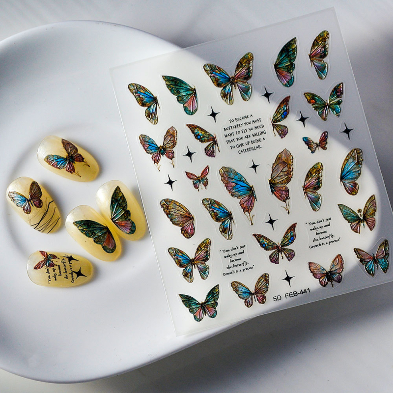 Nagu uzlīmes ar taureņu rakstu, 5D līme, ultra plānas, bez atlikumiem, dekoratīvās nagu uzlīmes