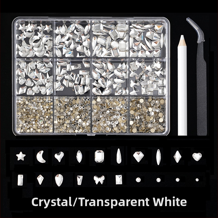 Jane Workshop серия Princess, кутия за кристали за маникюр с 12 секции, стъклени кристали, плоско дъно, мотиви: пеперуда, луна, водна капка, звезди