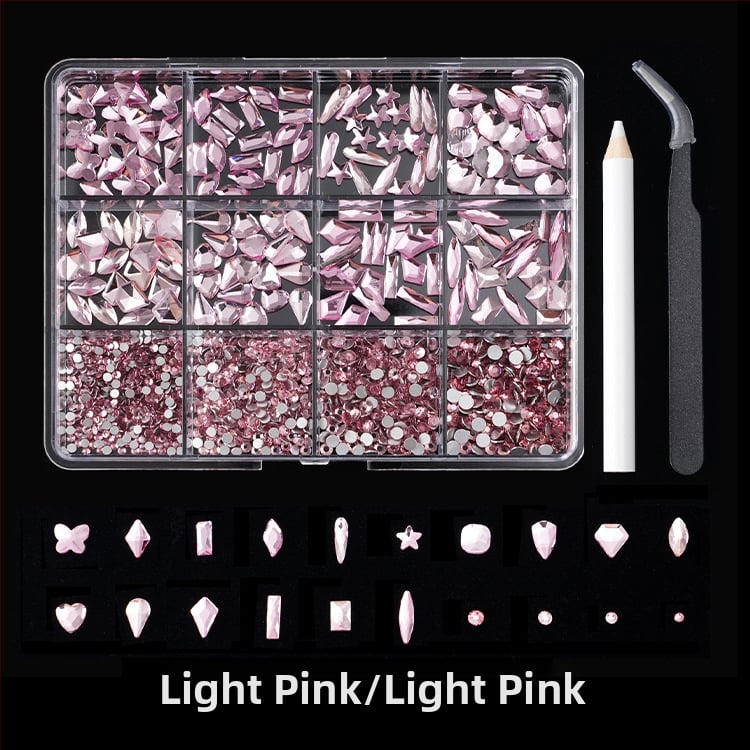 Jane Workshop серия Princess, кутия за кристали за маникюр с 12 секции, стъклени кристали, плоско дъно, мотиви: пеперуда, луна, водна капка, звезди