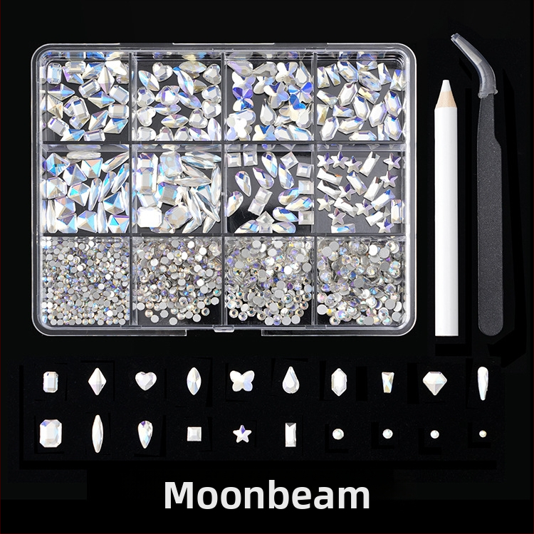 Jane Workshop серия Princess, кутия за кристали за маникюр с 12 секции, стъклени кристали, плоско дъно, мотиви: пеперуда, луна, водна капка, звезди